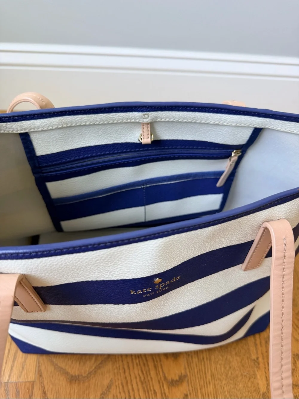 kate spade Navy and White Striped Tote with Blush Handles